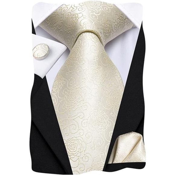 Mens Paisely Silk Tie for Men Necktie and Pocket Square Set Floral Beige